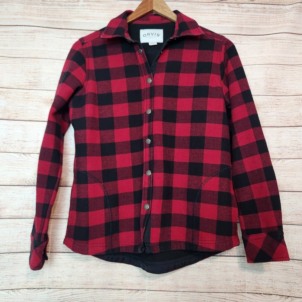 Orvis Jacket Women's Size Small Black Red Plaid Snap Button Front Buffalo Check
